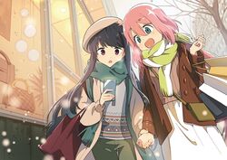  2girls :d bag beret blue_hair blush building cellphone cloud cloudy_sky commentary couple green_eyes handbag hat highres holding holding_hands holding_phone hotaru_iori ichimi_renge jacket kagamihara_nadeshiko long_hair looking_at_phone medium_hair multiple_girls open_mouth outdoors pants phone pink_hair purple_eyes scarf second-party_source shima_rin shirt shop shopping_bag skirt sky smartphone smile snow storefront tree walking window winter yuri yurucamp 