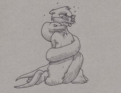  anthro black_nose bottomwear bryce_daeless clothing coiling doesnotexist duo eurasian_otter eyewear feral glasses hi_res lutra male mammal mustelid otter pants paws pen_(artwork) reptile river_otter scalie snake substance_intoxication traditional_media_(artwork) 