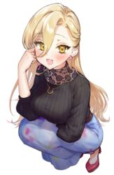  black_shirt blonde_hair breasts earrings female floral_print hair_between_eyes heart heart_earrings jewelry large_breasts long_hair long_sleeves looking_at_viewer necklace nijisanji nui_sociere nui_sociere_(4th_costume) oerba_yun_fang open_mouth pink_footwear purple_skirt ribbed_shirt shirt simple_background skin_fang skirt solo squatting uhhgaoh virtual_youtuber white_background yellow_eyes 