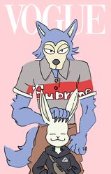  2020 absurd_res anthro beastars black_clothing black_hoodie black_topwear bottomwear brown_bottomwear brown_clothing brown_pants canid canine canis claws closed_eyes clothing domestic_rabbit duo dwarf_rabbit english_text female fog_essentials fur grey_body grey_clothing grey_fur grey_shirt grey_topwear haru_(beastars) hi_res hoodie lagomorph larger_male legoshi_(beastars) leporid loopersum male mammal oryctolagus palace_(brand) pants pink_background rabbit shirt simple_background size_difference smaller_female smile standing supreme text text_on_clothing text_on_shirt text_on_topwear topwear vogue_(magazine) white_body white_fur wolf 