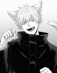  1boy absurdres animal_ears cat_boy cat_ears cat_tail gojou_satoru greyscale hair_between_eyes hand_up high_collar highres jacket jujutsu_kaisen kemonomimi_mode long_sleeves looking_at_viewer male_focus monochrome open_mouth short_hair simple_background smile solo tail tongue tongue_out upper_body xxhane 