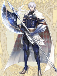  1boy argyle_cape argyle_clothes armor axe cape dairoku_ryouhei full_body gauntlets gloves grey_eyes hair_between_eyes high_heels holding holding_axe looking_at_viewer male_focus morino_bambi simple_background solo standing weapon white_cape white_hair 