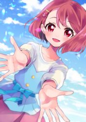  :d absurdres blue_bow blue_sky blush bow cloud collarbone female flower hair_between_eyes hair_flower hair_ornament hairclip hanadera_nodoka head_tilt healin&#039;_good_precure highres looking_at_viewer mikorin open_mouth pink_skirt pleated_skirt precure reaching reaching_towards_viewer red_eyes red_flower red_hair shirt short_hair skirt sky smile solo white_shirt 