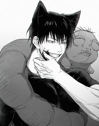  1boy absurdres animal_ears blood blood_on_face cat_boy cat_ears fushiguro_touji greyscale grin hair_between_eyes hand_up highres jujutsu_kaisen kemonomimi_mode looking_away male_focus monochrome monster shirt short_hair short_sleeves simple_background smile solo upper_body xxhane 