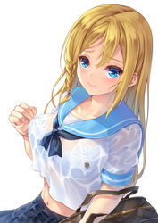  bag black_skirt blonde_hair blue_eyes blue_sailor_collar blush bra braid breasts brown_bag closed_mouth collarbone commentary_request female hair_between_eyes hayasaka_ai haysaca_a._smithee highres kaguya-sama_wa_kokurasetai_~tensai-tachi_no_renai_zunousen~ large_breasts long_hair looking_at_viewer makirin midriff navel neckerchief photoshop_(medium) pleated_skirt sailor_collar school_uniform see-through serafuku shirt short_sleeves simple_background single_braid skirt solo underwear watch wet wet_clothes wet_shirt white_background white_bra white_shirt wristwatch 