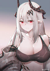  3: arknights bare_shoulders black_sports_bra blush breasts cleavage closed_mouth commentary_request crop_top earrings female gradient_background hair_between_eyes hair_ornament horns jewelry large_breasts material_growth midriff mudrock_(arknights) mudrock_(elite_ii)_(arknights) off_shoulder oripathy_lesion_(arknights) pointy_ears red_eyes sidelocks simple_background solo sports_bra stomach strap_slip upper_body weibo_watermark wet white_hair xion32 