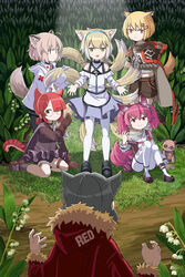  6+girls animal_ears arknights blonde_hair braided_hair_rings brown_gloves cloak cross fox_ears fox_girl fox_tail fur-trimmed_jacket fur_trim glasses gloves grabbing_another&#039;s_tail green_eyes grey_hair headband highres hood hood_down jacket material_growth medic morte_(arknights) multiple_girls multiple_tails myrrh_(arknights) notched_ear open_cloak open_clothes orange_eyes oripathy_lesion_(arknights) outdoors outstretched_arms pink_eyes pink_hair platinum_blonde_hair projekt_red_(arknights) prosthesis prosthetic_arm red_cross red_hair red_jacket shamare_(arknights) short_hair shorts sixten skirt smile sussurro_(arknights) suzuran_(arknights) tail vermeil_(arknights) wolf_ears wolf_girl 