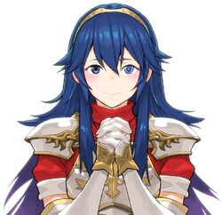  armor blue_eyes blue_hair breastplate caeda_(fire_emblem) caeda_(fire_emblem)_(cosplay) closed_mouth cosplay elbow_gloves female fire_emblem fire_emblem:_mystery_of_the_emblem fire_emblem_awakening gloves long_hair lucina_(fire_emblem) own_hands_clasped own_hands_together simple_background smile solo tiara umaguti upper_body white_background white_gloves 