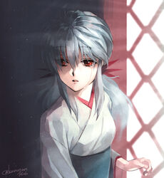  crying crying_with_eyes_open female floating_hair grey_hair hair_between_eyes imuro japanese_clothes kimono long_hair obi open_mouth red_eyes sash solo tears twitter_username upper_body white_kimono yu_yu_hakusho yukina_(yu_yu_hakusho) 