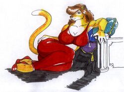  anthro big_breasts bottomwear breasts brown_hair clothing danellz felid female footwear hair hand_on_butt high_heels kristy_(danellz) lion mammal pantherine pants pillow red_clothing shoes solo thick_thighs topwear traditional_media_(artwork) 