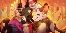  2021 2:1 anthro arm_around_shoulders autumn autumn_leaves blush brown_hyena chise_(sailorrooscout) closed_eyes clothed clothing cuddling dagger_leonelli detailed_background duo falling_leaves female gulonine hair hi_res hyena kava_(darkroastyeen) majime male mammal married_couple marten mustelid musteline pine_marten smile white_hair 