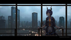  antenna_mast arknights black_jacket breasts brown_shorts building cameltoe ch&#039;en_(arknights) chinese_commentary city_lights cityscape cloud cloudy_sky commentary cowboy_shot dragon_horns dragon_tail expressionless female fingerless_gloves gloves hair_between_eyes highres highway hood hood_down hooded_jacket horns indoors jacket lamppost leaning leaning_back leaning_on_object letterboxed long_hair looking_away looking_to_the_side low_twintails lying medium_breasts midriff midriff_peek mool_yueguang multiple_swords necktie on_back orange_eyes orange_necktie photoshop_(medium) purple_hair railing red_eyes shirt short_shorts short_sleeves shorts sidelocks sky skyscraper solo tail twintails unbuttoned walkie-talkie weapon weapon_on_back white_shirt window 