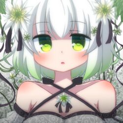  bare_shoulders blush breasts cleavage collarbone commentary_request criss-cross_halter female flower green_eyes green_flower hair_between_eyes hair_flower hair_ornament halterneck looking_at_viewer medium_breasts original parted_lips rensei solo upper_body white_flower white_hair 