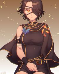  artist_name bandaged_arm bandages belt belt_buckle black_belt black_capelet black_jumpsuit breasts brown_hair buckle capelet cinder_fall closed_mouth crying crying_with_eyes_open eyepatch female jumpsuit kio_rojine looking_at_viewer medium_breasts rwby short_hair sitting solo tears wristband yellow_eyes 