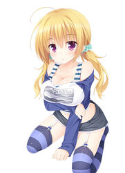  ahoge aqua_scrunchie arm_under_breasts bare_shoulders black_shorts blonde_hair blue_shirt blush breast_hold breasts cleavage cleavage_cutout clenched_hand clothing_cutout collarbone commentary_request expressionless eyes_visible_through_hair female garter_straps grabbing_own_arm hair_between_eyes hair_ornament hair_scrunchie knees_out_of_frame lace-trimmed_shorts lace_trim large_breasts lena_liechtenauer long_sleeves looking_at_viewer low_twintails parted_lips purple_eyes scrunchie sekine_irie senren_banka shirt short_shorts shorts simple_background sitting sleeves_past_wrists solo striped_clothes striped_thighhighs thighhighs twintails two-tone_shirt wariza white_background white_shirt 