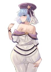  alternate_costume ass ass_grab back bad_id bad_pixiv_id bare_shoulders blue_eyes blue_hair blush dress female fire_emblem fire_emblem_echoes:_shadows_of_valentia fire_emblem_heroes from_behind grabbing_own_ass hat looking_at_viewer looking_back off_shoulder official_alternate_costume short_hair short_sleeves shoulder_blades silque_(fire_emblem) simple_background solo white_background white_dress wide_hips yui_(msy1302mana) 