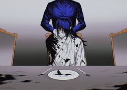  2boys blood blood_on_clothes blood_on_face blue_hair blue_jacket chair closed_mouth dismemberment fork getou_suguru gojou_satoru gradient_background grey_background hair_between_eyes hands_on_another&#039;s_neck head_out_of_frame highres jacket japanese_clothes jujutsu_kaisen kimono knife kuropani_cos long_hair long_sleeves male_focus multiple_boys plate smile spoilers table upper_body white_kimono 