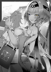  2girls bag blue_eyes blush bracelet breasts candace_(genshin_impact) commentary_request dehya_(genshin_impact) from_behind genshin_impact greyscale heterochromia highres jewelry long_hair looking_at_viewer medium_breasts monochrome multiple_girls parted_lips shopping_bag signature smile spot_color sukoyaka93 yellow_eyes 