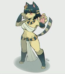  2019 absurd_res animal_crossing ankha_(animal_crossing) anthro breasts clothed clothing domestic_cat egyptian felid feline felis female fur hair hi_res kaibuzetta mammal nintendo open_mouth pawpads simple_background solo yellow_body yellow_fur 