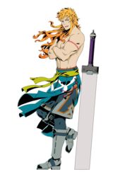  1boy abel_(unlight) arm_tattoo bad_id bad_pixiv_id blue_eyes boots crossed_arms konohanaya long_hair looking_at_viewer male_focus muscular muscular_male orange_hair parted_lips planted planted_sword standing standing_on_one_leg sword tattoo topless_male transparent_background unlight weapon 