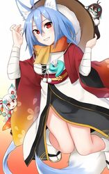  3girls ajirogasa animal_ears aqua_eyes bandaged_arm bandages bare_legs black_hair blue_hair closed_mouth coat commentary floral_print fox_ears fox_tail fur-trimmed_coat fur_trim hair_flaps haori hat highres japanese_clothes jewelry kimono kurofuti long_hair magatama magatama_hair_ornament magatama_necklace mother_and_daughter multiple_girls murasame_sukehiro_(tenka_hyakken) necklace obi obiage open_mouth orange_scarf red_eyes sandals sash scarf soboro_sukehiro_(tenka_hyakken) tail teeth tenka_hyakken tsuda_echizen-no-kami_sukehiro twintails white_hair white_kimono wide_sleeves zouri 