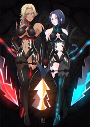  2girls alternate_costume armor asymmetrical_hair black_gloves blonde_hair blue_eyes boots breasts catherine_(fire_emblem) choker cleavage collarbone cosplay dark-skinned_female dark_skin fire_emblem fire_emblem:_three_houses gloves highres holding_hands ihsnet kronya_(fire_emblem) kronya_(fire_emblem)_(cosplay) large_breasts long_hair looking_at_viewer multiple_girls navel ponytail purple_eyes purple_hair sexually_suggestive shamir_nevrand short_hair sideboob simple_background thigh_boots underboob yuri 