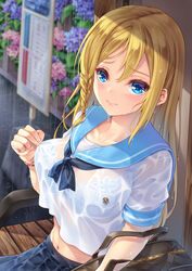  bag bench blonde_hair blue_eyes blue_flower blue_sailor_collar blurry blurry_background blush bra bra_visible_through_clothes braid breasts brown_bag bus_stop closed_mouth collarbone commentary_request depth_of_field dutch_angle female fingernails flower hand_on_breasts hayasaka_ai haysaca_a._smithee highres hydrangea kaguya-sama_wa_kokurasetai_~tensai-tachi_no_renai_zunousen~ large_breasts long_hair looking_at_viewer makirin midriff navel neckerchief outdoors photoshop_(medium) pink_nails pleated_skirt rain sailor_collar school_uniform see-through serafuku shirt short_sleeves single_braid sitting skirt solo taking_shelter underwear water_drop wet wet_clothes white_bra white_shirt 