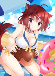  :3 ahoge amairo_islenauts animal_collar animal_ears ball bare_arms beach beach_umbrella beachball bikini blue_sky blush bow bow_bra bra breast_press breasts cleavage closed_mouth cloud collar collarbone commentary_request doughnut_innertube eyes_visible_through_hair feet_out_of_frame female glint hair_between_eyes hair_ornament holding holding_ball holding_beachball large_breasts looking_at_viewer masaki_gaillard medium_hair ocean outdoors purple_eyes red_hair red_tail sekine_irie simple_background sitting sky smile solo swimsuit tail umbrella underwear wet white_bikini wolf_ears wolf_girl wolf_tail x_hair_ornament yellow_bow 