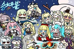  :3 ahoge animal_ears aurora_(last_origin) banshee_(last_origin) blonde_hair blue_eyes blue_hair blush_stickers book campfire cardinal_armand cerestia_of_life charlotte_(last_origin) chef chef_hat chibi commentary dark_elf dark_elven_forest_ranger dark_skin echidna_(last_origin) elf elven_forest_maker expressionless eyewear_on_head fire fork fox_ears fox_girl gnome_(last_origin) green_hair grey_hair gun harpyia_(last_origin) hat hirume_of_heavenly_incense jazz_jack jitome korean_commentary last_origin magatama maid_headdress mary_(last_origin) milk_carton mole mole_under_eye mole_under_mouth multicolored_hair multiple_girls musketeer oberonia_rhea orange_eyes pink_hair pointy_ears purple_eyes purple_hair revealing_clothes serapias_alice shorts signature snowflakes snowman sunglasses titania_frost trait_connection two-tone_hair two_side_up weapon 