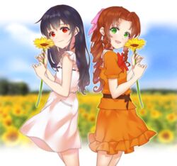  2girls aerith_gainsborough aged_down bad_id bad_pixiv_id black_hair blurry blurry_background bow brown_hair closed_mouth cowboy_shot dress drill_hair field final_fantasy final_fantasy_vii final_fantasy_vii_remake flower flower_field from_side green_eyes hairbow highres holding holding_flower long_hair looking_at_viewer looking_to_the_side mogu_(kuromezennkainopokke) multiple_girls open_mouth outdoors pink_bow puffy_short_sleeves puffy_sleeves red_eyes short_sleeves smile standing sunflower sunflower_field tifa_lockhart yellow_flower 