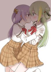  2girls alina_gray blunt_ends blush bow bowtie brown_skirt green_hair hair_between_eyes hair_ornament hair_ribbon highres kissing layered_sleeves leg_between_thighs long_hair long_sleeves loose_bowtie magia_record:_mahou_shoujo_madoka_magica_gaiden mahou_shoujo_madoka_magica medium_hair misono_karin multicolored_hair multiple_girls na_bia orange_ribbon parted_bangs parted_hair plaid plaid_skirt purple_eyes purple_hair red_bow red_bowtie ribbon sakae_general_school_uniform school_uniform shirt short_over_long_sleeves short_sleeves sidelocks skirt sleeve_cuffs sleeves_rolled_up star_(symbol) star_hair_ornament straight_hair streaked_hair two_side_up very_long_hair white_shirt wide-eyed wing_collar yuri 