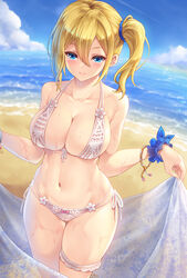  alternate_costume ass_visible_through_thighs bare_arms bare_shoulders beach bikini blonde_hair blue_eyes blue_scrunchie blue_sky blush bracelet breasts bridal_garter cleavage closed_mouth cloud collarbone commentary_request cowboy_shot curvy day duplicate female front-tie_bikini_top front-tie_top hair_between_eyes hair_ornament hair_scrunchie halterneck hayasaka_ai highres holding holding_sarong jewelry kaguya-sama_wa_kokurasetai_~tensai-tachi_no_renai_zunousen~ large_breasts looking_at_viewer makirin navel ocean outdoors photoshop_(medium) pixel-perfect_duplicate sand scrunchie shadow shore short_hair side-tie_bikini_bottom side_ponytail sidelocks skindentation sky smile solo standing stomach sweat swimsuit thighs water wet white_bikini wrist_scrunchie 