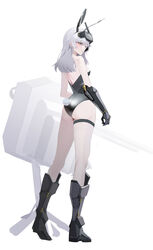  animal_ears armored_boots ass bare_shoulders blush boots breasts commentary_request fake_animal_ears female full_body goddess_of_victory:_nikke guriddopitto hair_between_eyes highres leotard long_hair mechanical_arms pantyhose playboy_bunny rabbit_ears snow_white_(nikke) standing strapless strapless_leotard visor_(armor) weapon white_hair 