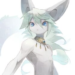  1:1 :&lt; ambiguous_species anthro anubis_(whitexterior) athletic athletic_anthro athletic_male big_ears biped blue_eyes choker featureless_chest front_view gem gold_(metal) gold_jewelry green_hair hair half-length_portrait jewelry kemono long_hair looking_at_viewer male mammal monotone_body monotone_hair necklace nude portrait simple_background slim solo standing three-quarter_view white_background white_body white_ears whitexterior 