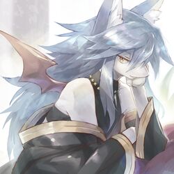  1:1 anthro arm_support asian_clothing bat_wings biped canid canine clothed clothing east_asian_clothing facyl_(whitexterior) femboy front_view fully_clothed fur gold_(metal) gold_jewelry grey_body grey_ears grey_fur grey_hair hair half-closed_eyes half-length_portrait humanoid_hands hybrid inner_ear_fluff japanese_clothing jewelry kemono kimono long_hair looking_at_viewer male mammal membrane_(anatomy) membranous_wings monotone_hair multicolored_body multicolored_fur narrowed_eyes necklace plant portrait red_wings sitting smile snout solo three-quarter_view translucent translucent_wings tuft two_tone_body two_tone_fur white_body white_fur white_inner_ear white_inner_ear_fluff whitexterior wings yellow_eyes 