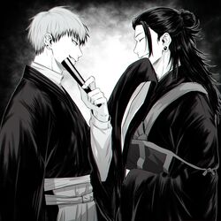  2boys absurdres closed_eyes closed_mouth cowboy_shot ear_piercing getou_suguru greyscale hair_bun hair_pulled_back hakama hakama_skirt hand_fan hand_up highres holding holding_fan japanese_clothes jujutsu_kaisen kesa kimono long_hair looking_at_another male_focus monochrome multiple_boys parted_lips piercing profile short_hair single_hair_bun skirt sleeves_past_fingers sleeves_past_wrists smile standing tsurime wide_sleeves xxhane zen&#039;in_naoya 