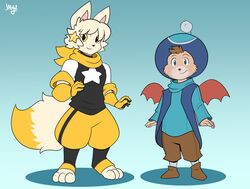  2018 anthro bandana canid canine clothed clothing duo final_fantasy footwear fox fully gloves handwear hat headgear headwear jaeh kerchief lagomorph leporid male mammal moogle rabbit shirt shoes smile square_enix topwear vest wings 