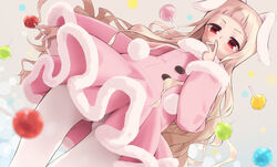  animal_ears blonde_hair blush candy coat coat_dress cowboy_shot female food food_in_mouth from_below fur-trimmed_coat fur_collar fur_trim holding holding_candy holding_food holding_lollipop lollipop long_hair original panties panties_under_pantyhose pantyhose pink_coat pom_pom_(clothes) rabbit_ears red_eyes rikku-chan_(ronna) ronna solo underwear very_long_hair wavy_hair white_pantyhose 