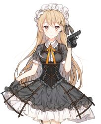  blonde_hair blush breasts brown_eyes cyg38801 dress female girls&#039;_frontline gothic_lolita gun handgun highres lolita_fashion long_hair medium_breasts ppk_(girls&#039;_frontline) puffy_short_sleeves puffy_sleeves short_dress short_sleeves skirt_hold smile solo very_long_hair walther walther_ppk weapon 