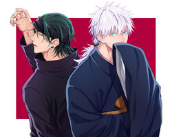  2boys absurdres arm_up black_eyes black_hair black_jacket black_kimono blindfold blindfold_lift blue_eyes colored_eyelashes cosplay covering_own_mouth getou_suguru getou_suguru_(cosplay) gojou_satoru gojou_satoru_(cosplay) hair_between_eyes high_collar highres jacket japanese_clothes jujutsu_kaisen kimono long_hair long_sleeves looking_at_another looking_at_viewer low_ponytail male_focus multiple_boys open_mouth piercing ponytail profile short_hair sleeves_past_wrists upper_body white_hair wide_sleeves xxhane 