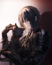  1boy androgynous animal armor black_armor black_cat black_hair city_guard_(infukun) commentary_request facial_mark feline forehead_mark gauntlets hair_between_eyes holding holding_animal holding_cat looking_at_viewer male_focus parted_lips photoshop_(medium) pixiv_fantasia pixiv_fantasia_last_saga red_eyes ryuuzaki_ichi short_hair shoulder_armor solo tail 