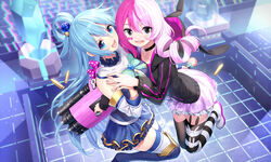  #compass 2girls :d animal_ear_legwear animal_ears animal_hood aqua_(konosuba) asymmetrical_hair asymmetrical_legwear bare_shoulders black_choker black_legwear blue_eyes blue_footwear blue_hair blue_shirt blue_skirt blue_thighhighs blush boots breasts bullet choker collarbone commentary_request crossover detached_sleeves drill_hair dutch_angle facial_mark fake_animal_ears floating floating_object foot_out_of_frame frilled_skirt frills from_above gem grey_eyes hair_between_eyes hair_ornament hair_rings heart heart_print highres holding holding_hands holding_weapon hood hood_down jacket kono_subarashii_sekai_ni_shukufuku_wo! large_breasts light_purple_hair long_hair long_sleeves looking_at_viewer marking_on_cheek megumegu miniskirt mismatched_legwear multicolored_hair multiple_girls open_mouth pink_hair pink_skirt pleated_skirt ponytail purple_hair rabbit_hood ririko_(zhuoyandesailaer) shirt shoes skirt sleeveless sleeveless_shirt smile spiked_shoes spikes striped_clothes striped_thighhighs teeth thigh_boots thighhighs two-tone_hair upper_teeth_only very_long_hair weapon white_legwear zettai_ryouiki 