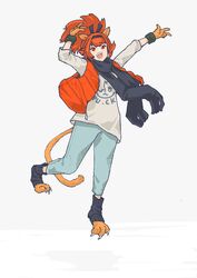  absurdres alternate_costume animal_ears animal_feet animal_hands arms_up black_hairband black_scarf blue_pants commentary female full_body hairband high_ponytail highres lion_ears lion_tail long_sleeves momijigari_kanemitsu open_mouth orange_eyes orange_hair orange_vest pants print_shirt scarf shirt socks solo spiked_hair standing standing_on_one_leg tail teeth tenka_hyakken upper_teeth_only vest watasi_ch3 white_shirt 