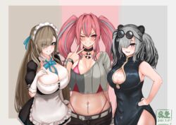  3girls :d animal_ears apron aqua_eyes arknights artist_logo asuna_(blue_archive) azur_lane bare_shoulders belt bikini bikini_under_clothes black_choker black_dress black_hair black_shorts blue_archive blue_ribbon blush bracelet breasts bremerton_(azur_lane) brown_background brown_eyes china_dress chinese_clothes choker cleavage cleavage_cutout clothing_cutout collarbone commentary_request company_connection cowboy_shot crop_top crop_top_overhang crossover dated detached_collar dress elbow_gloves eyes_visible_through_hair eyewear_on_head feater_(arknights) gloves grey_belt grey_hair grin groin hair_between_eyes hair_intakes hair_over_one_eye halo hand_on_own_chest hand_on_own_hip highleg highleg_bikini highres jewelry large_breasts lifebuoy_ornament light_brown_hair long_hair looking_at_viewer maid maid_headdress midriff mole mole_on_breast multicolored_background multicolored_hair multiple_crossover multiple_girls navel navel_piercing neck_ribbon off_shoulder one_eye_closed open_mouth oza_osuwari panda_ears piercing pink_background pink_bikini pink_eyes pink_hair pink_nails puffy_short_sleeves puffy_sleeves ribbon ribbon_between_breasts round_eyewear shirt short_sleeves shorts side_slit sidelocks silver_background sleeveless sleeveless_dress smile standing streaked_hair sunglasses swimsuit teeth twintails two-tone_hair two-tone_shirt v white_apron white_gloves wristband yostar 