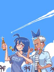  2girls ahoge alcohol beer beer_bottle blue_hair blue_ribbon blue_shirt blue_sky blush borrowed_character bottle breasts closed_mouth dango dark-skinned_female dark_skin day food hair_ribbon hcnone highres holding holding_bottle large_breasts looking_at_viewer looking_away medium_hair multiple_girls original outdoors palm_tree parted_lips pink_eyes pixel_art ribbon shirt short_hair short_sleeves sky skye_(hcnone) smile summer teeth tongue tongue_out tree wagashi white_hair 