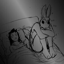  1:1 2021 american_opossum anthro awake bed black_and_white duo female furniture hi_res hladilnik humor lagomorph leporid mammal marsupial marylin_(hladilnik) monochrome pro_bun_(hladilnik) rabbit sleeping soul_devouring_eyes sound_effects virginia_opossum vowelless vowelless_sound_effect wide_eyed zzz 