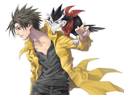  1boy animal_on_arm arm_up bandana bird bird_on_arm black_hair black_shirt brown_eyes brown_hair closed_mouth coat from_side funtarunta jing_(jing_king_of_bandits) jing_king_of_bandits kir_(jing_king_of_bandits) long_coat long_sleeves looking_away looking_down pose red_bandana shirt short_hair spiked_hair white_background yellow_coat 