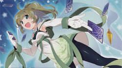  :d absurdres anna_mel armpits bare_shoulders black_pantyhose blue_background bow breasts card dot_nose dutch_angle elbow_gloves end_card feet_out_of_frame female from_below gloves green_bow green_eyes hair_ornament hand_up happy high_collar high_ponytail highres holding holding_card lens_flare light_brown_hair looking_at_viewer looking_down magia_record:_mahou_shoujo_madoka_magica_gaiden magical_girl mahou_shoujo_madoka_magica official_art open_mouth outstretched_hand pantyhose photoshop_(medium) ponytail shiny_clothes shiny_legwear simple_background sleeveless small_breasts smile solo soul_gem star_(symbol) star_print starry_background striped striped_background tareme tarot tarot_(card) veil waist_bow watanabe_akio white_gloves 