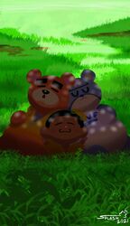  2021 absurd_res animal_crossing anthro bear brown_body brown_fur closed_eyes clothing curt_(animal_crossing) detailed_background fur group hi_res human male mammal nintendo outside shirt splashburr teddy_(animal_crossing) topwear villager_(animal_crossing) 