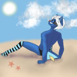  1:1 anthro anthrofied beach blue_body clothed clothing digital_media_(artwork) esteban_(mrskyblue1020) eyewear fur generation_5_pokemon goggles hair hi_res legwear male mammal nintendo panties pokemon pokemon_(species) pokemorph samurott seaside shadowdoll13 shell-less solo thigh_highs underwear whiskers 